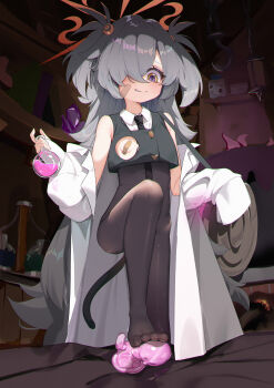 1girl absurdres adapted_costume armpit_crease bandaid bandaid_on_face bandaids_on_nipples bare_shoulders black_eyes black_necktie black_pantyhose blue_archive blush bookshelf bright_pupils cat_tail chinese_commentary clothing_cutout coat collared_shirt commentary_request covered_erect_nipples downturned_eyes eyeball_hair_ornament eyelashes fake_tail feet film_grain flask flat_chest foot_out_of_frame glint grey_hair hair_ornament hair_over_one_eye halo hands_up haniwa_(statue) highres holding holding_flask hook indoors kanoe_(blue_archive) lab_coat leg_up long_bangs long_hair looking_down marshal_(artist) multicolored_eyes necktie no_bra no_pants no_shoes one_eye_covered open_clothes open_coat orange_halo pantyhose parted_lips pasties round-bottom_flask sexually_suggestive shirt simulated_footjob sleeves_past_fingers sleeves_past_wrists smile solo spiked_hair standing tail tareme toes two-tone_eyes two_side_up very_long_hair white_coat white_pupils white_shirt yellow_eyes