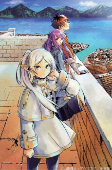 Rule 34 | 1boy, 2girls, abe tsukasa, absurdres, adjusting hair, bandaged hand, bandaged wrist, bandages, black gloves, black hair, black jacket, black pantyhose, blue eyes, blue sky, brick, building, capelet, cloud, cloudy sky, dress, earrings, elf, fern (sousou no frieren), fingerless gloves, frieren, gloves, gold trim, grey hair, highres, jacket, jewelry, lake, leaning forward, ledge, long hair, long pointy ears, long sleeves, looking at viewer, mountain, mountainous horizon, multicolored hair, multiple girls, official art, orange dress, orange hair, outdoors, pantyhose, pointy ears, purple eyes, short hair, skirt, sky, sousou no frieren, stark (sousou no frieren), teardrop earrings, twintails, two-tone hair, village, water, white capelet, white jacket, white skirt