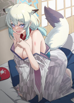 1girl animal_ears bath_yukata blue_archive blue_halo blue_haori blush breasts cleavage collar green_hair grey_kimono halo haori highres indoors japanese_clothes kimono large_breasts looking_at_viewer mahou_gnome off_shoulder official_alternate_costume open_mouth purple_eyes red_collar shigure_(blue_archive) shigure_(hot_spring)_(blue_archive) smile solo striped_clothes striped_kimono tail vertical-striped_clothes vertical-striped_kimono weasel_ears weasel_girl weasel_tail yukata