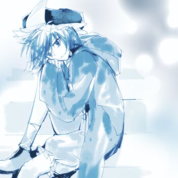 Rule 34 | 1other, androgynous, ankle socks, blue theme, boots, chinese commentary, collared shirt, commentary, couch, detached hood, english commentary, foot out of frame, frilled headwear, frilled shorts, frills, hands on own knee, hat, head on knee, head tilt, high collar, highres, hood, hood down, hooded jacket, jacket, knee up, len'en, long sleeves, looking at viewer, mixed-language commentary, mob cap, monochrome, multilingual commentary, on couch, open clothes, open jacket, open mouth, other focus, pointy nose, puffy shorts, shirt, shitodo kuroji, short hair, shorts, sitting, socks, solo, triangular headpiece, white background, wide sleeves, yancao (pixiv 103434280), zipper