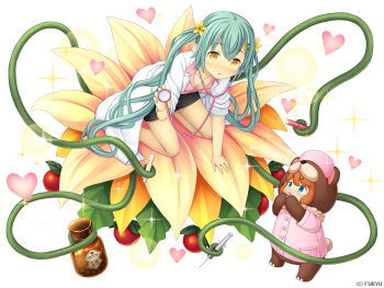 2girls :o all_fours animal_costume bear_costume berry black_skirt blush breasts buttons chiruchiru_(monmusume-harem) cleavage collarbone collared_shirt downblouse flashlight flower full_body fur-trimmed_shirt fur_trim green_hair hair_flower hair_ornament hairclip hat heart heart_background lab_coat leaf light long_hair looking_at_another looking_at_viewer looking_up lotus monmusu_harem monmusume-harem multiple_girls namaru_(summer_dandy) nose_blush nurse_cap orange_flower pen_light pencil_skirt pink_hat pink_shirt plant pointy_ears shirt short_sleeves simple_background skirt sleeves_pushed_up small_breasts sparkle stethoscope syringe tareme tongue_depressor twintails very_long_hair vines white_background yellow_eyes yellow_flower