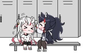 Rule 34 | > <, 2girls, :3, :d, animal ear fluff, animal ears, arm up, bell, black hair, black hoodie, black leggings, black thighhighs, blush stickers, chibi, closed eyes, closed mouth, clothes pull, double bun, drawstring, fang, gradient hair, hair bell, hair bun, hair ornament, hairclip, headpat, highres, hololive, hood, hood down, hoodie, horns, jingle bell, leggings, locker, long hair, long sleeves, mochimiko, motion lines, multicolored hair, multiple girls, nakiri ayame, on bench, oni, ookami mio, ookami mio (hoodie), open mouth, ponytail, puffy long sleeves, puffy sleeves, red hair, shirt, shoes, short sleeves, sitting, smile, streaked hair, thighhighs, two side up, very long hair, virtual youtuber, white background, white hoodie, white shirt, white shoes, wolf ears, wolf girl