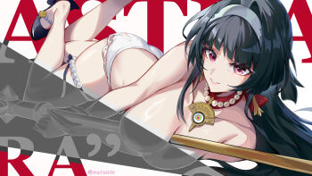 1girl astra_yao between_breasts black_hair black_shoes breasts censored character_name collarbone commentary commentary_request english_commentary hairband highres jewelry large_breasts long_hair looking_at_viewer lying mefuichi mindscape_cinema_(zenless_zone_zero) mixed-language_commentary necklace no_bra on_side paid_reward_available panties parted_lips pearl_necklace purple_eyes shoes smile solo thigh_beads thigh_strap twitter_username underwear uneven_bangs white_background white_hairband white_panties zenless_zone_zero