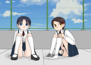 2girls arm_support black_hair black_shoes blue_eyes blue_skirt blush brown_eyes brown_hair chain-link_fence cloud crotch_seam fence flat_chest hair_ornament hairclip hand_on_own_knee kneehighs loli looking_at_viewer mary_janes multiple_girls neck_ribbon original panties red_ribbon ribbon rooftop school_uniform sexless2012 shirt shoes short_hair short_sleeves sitting skirt sky sneakers socks suspender_skirt suspenders underwear white_panties white_shirt white_shoes white_socks