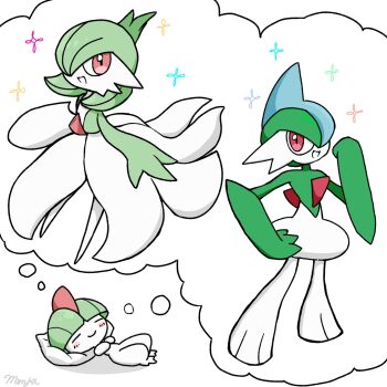 1boy 1girl 1other =_= arms_up artist_name blue_hair blunt_bangs blush blush_stickers bob_cut bowl_cut clenched_hand closed_eyes closed_mouth colored_skin dreaming flat_chest full_body gallade gardevoir gen_3_pokemon gen_4_pokemon green_hair green_skin hair_over_one_eye hand_on_own_hip hand_up happy lying mohawk monya multicolored_hair multicolored_skin nintendo no_feet on_back one_eye_covered open_mouth outstretched_arms pillow pokemon pokemon_(creature) ralts short_hair signature simple_background smile sparkle speech_bubble standing thought_bubble two-tone_hair two-tone_skin white_background white_skin
