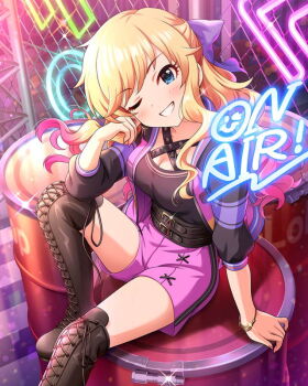 Rule 34 | 1girl, belt, blonde hair, blue eyes, boots, bracelet, breasts, card (medium), cleavage, drum (container), english text, game cg, grin, idolmaster, idolmaster cinderella girls, jewelry, lace-up boots, multicolored hair, official art, ohtsuki yui, one eye closed, pink hair, short shorts, shorts, sitting, smile, solo