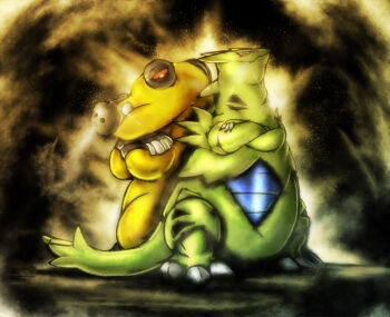 back-to-back closed_mouth commentary_request crossed_arms gen_2_pokemon gen_4_pokemon hippowdon nintendo no_humans pokemon pokemon_(creature) pokemon_ability pokemon_focus sand sand_stream_(pokemon) sandstorm smug teeth trait_connection tyranitar yilx