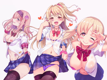 3girls :d alternate_hair_color aqua_scrunchie areola_slip arm_up badge black_choker black_panties blonde_hair blue_eyes blue_nails blush bow bowtie bra bracelet breasts brown_eyes brown_hair brown_legwear button_badge buttons choker closed_mouth clothes_lift collarbone commentary_request covered_erect_nipples dress_shirt earrings eyeliner facial_mark facial_tattoo fishnet_legwear fishnets floating_hair flower front-tie_top gradient_background grey_background grin gyaru hair_between_eyes hair_flower hair_intakes hair_ornament hair_scrunchie hairband hairclip half-closed_eyes hand_gesture hand_up head_tilt heart heart-shaped_pupils heart_earrings heart_tattoo highleg highleg_panties idolmaster idolmaster_cinderella_girls index_finger_raised jewelry kogal large_breasts leaning_forward lifting_own_clothes lipstick long_hair looking_at_viewer loose_bowtie makeup mascara medium_breasts medium_hair midriff miniskirt multiple_girls nail_art nail_polish navel navel_piercing nipples off_shoulder okuri_banto one_eye_closed one_side_up open_clothes open_mouth open_shirt panties partially_unbuttoned piercing pink_bra pink_eyes pink_flower pink_nails pink_scrunchie plaid_clothes plaid_skirt pleated_skirt profile purple_bra purple_hairband purple_panties purple_skirt red_lips red_neckwear ring sagisawa_fumika school_uniform scrunchie seductive_smile see-through_clothes shelf_bra shimamura_uzuki shirt short_sleeves sidelocks sideways_glance simple_background single_bare_shoulder skirt skirt_lift small_breasts smile smiley_face standing stomach stomach_tattoo striped_bow striped_bowtie striped_clothes striped_neckwear stud_earrings symbol-shaped_pupils tareme tattoo thighhighs totoki_airi twintails underwear w w_over_eye wet wet_clothes wet_shirt white_background white_shirt wrist_scrunchie