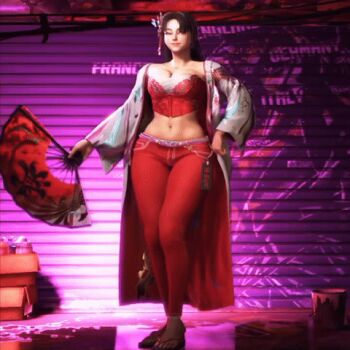 1girl 3d animal_print animated animated_gif breasts brown_hair bustier butterfly_print capcom cleavage fatal_fury female_focus folding_fan full_body game_screenshot hair_down hair_ornament hand_fan haori holding holding_fan japanese_clothes large_breasts midriff multiple_views navel official_alternate_costume official_alternate_hairstyle pants red_bustier red_pants sandals shiranui_mai smile snk solo street_fighter street_fighter_6 turnaround video_game_screencap wide_hips