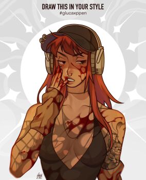 1girl arm_tattoo arm_wrap baseball_cap black_hat blood blood_on_arm blood_on_face blood_on_hands breasts brown_arm_warmers chromatic_aberration cleavage commentary draw_this_in_your_style_challenge english_commentary face_piercing gluca hashtag hat headphones highres jewelry long_hair medium_breasts necklace nose_piercing nose_ring orange_hair original parted_lips piercing plunging_neckline shade shoulder_tattoo signature solo tattoo upper_body v-shaped_eyebrows