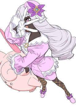 1girl absurdres ascot breasts clefable dark-skinned_female dark_skin dress fascinator fishnet_pantyhose fishnets frilled_ascot frills gen_1_pokemon gloves haruyuki_(gffewuoutgblubh) highres jacinthe_(pokemon) juliet_sleeves long_hair long_sleeves low_drills mega_stone nintendo open_mouth pantyhose pokemon pokemon_(creature) pokemon_legends:_z-a puffy_sleeves purple_dress purple_eyes purple_hair shoes simple_background smile teeth upper_teeth_only very_dark_skin white_background white_gloves