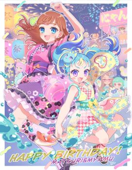 2boys 6+girls :d absurdres akai_meganee amauri_miruki arm_up blonde_hair blue_eyes blue_hair border bow braid breasts cameo cat_mask character_name chimumu chimumu_(hamster) commentary_request everyone fireworks fish flat_chest floating_hair frilled_kimono frills full_body goldfish goldfish_scooping hanitan hanitan_(bear) happy_birthday hibino_matsuri highres hughie_(pretty_series) ibuki_touma japanese_clothes jumping kimono kokoa_remon lantern long_hair long_sleeves looking_at_viewer market_stall mask mask_on_head medium_breasts momokan_(mmkn100) multicolored_hair multiple_boys multiple_girls myamu myamu_(cat) obi omega_auru open_mouth orange_hair outdoors outline paper_lantern pink_hair pink_kimono poi_(goldfish_scoop) pretty_series print_kimono purple_eyes sash short_kimono side_braid smile standing streaked_hair sumeragi_amane_(pretty_series) summer_festival tatejima_(pretty_series) twintails waccha_primagi! water white_outline yayoi_hina yellow_bow yellow_kimono yukata