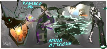 1boy 1girl absurdres ashiro_mina back-to-back black_hair charging_device covered_abs covered_navel electricity fighting_stance flashback from_side hibino_kafka highres huge_weapon kaiju kaijuu_core kaijuu_no._8 large_pectorals mask monster muscular muscular_male pectorals powering_up profile short_hair spiked_hair thighs tori-desu weapon