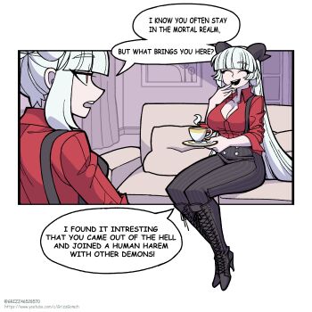 Rule 34 | baphomet (grizz), boots, breasts, cleavage, collared shirt, comic, commentary, cup, demon girl, english commentary, english text, goat horns, grizz, helltaker, high heel boots, high heels, highres, horns, large breasts, long hair, lucifer (helltaker), original, parody, red eyes, red shirt, segmented comic, shirt, sidelocks, style parody, teacup, vanripper (style), very long hair