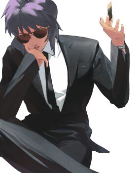 1girl aizheajsee black_suit formal_clothes ghost_in_the_shell ghost_in_the_shell:_stand_alone_complex highres kusanagi_motoko looking_at_viewer medium_hair pant_suit pants purple_hair solo suit sunglasses watch wristwatch