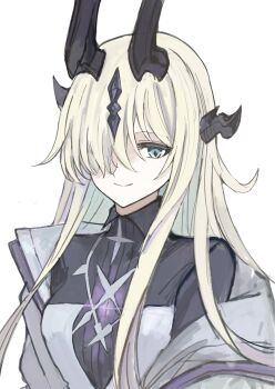 Rule 34 | 1girl, aqua eyes, arknights, black horns, black shirt, blonde hair, closed mouth, collared shirt, grey jacket, hair over one eye, highres, horns, jacket, long hair, looking at viewer, necrass (arknights), off shoulder, one eye covered, shirt, simple background, smile, solo, udo (akn otk), upper body, white background