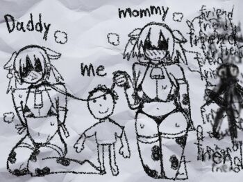 1girl 3girls animal_print bikini blush breasts child&#039;s_drawing cow_print cow_print_bikini cow_print_thighhighs cowbell crossdressing crossdressing_(mtf) erection highres kneeling large_breasts leash medium_hair multiple_girls nakineiriko_(dafdafson) paper print_bikini print_thighhighs shadow shadowed_face smile standing swimsuit thighhighs trap