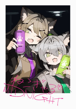 2girls absurdres animal_ear_fluff animal_ears black_jacket border brown_hair brown_sweater can cat_ears cat_girl commentary_request drink_can fang green_eyes green_necktie grey_hair grey_sweater hair_intakes highres holding holding_can jacket katsu_(katsupainter) long_hair long_sleeves looking_at_viewer multiple_girls necktie one_eye_closed open_clothes open_jacket open_mouth original polaroid_photo purple_necktie skin_fang slit_pupils sweater translated upper_body white_border wing_collar