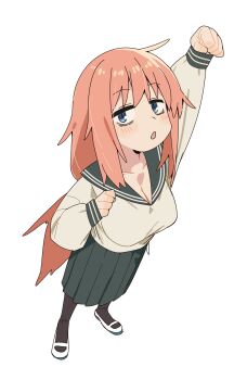 1girl :o arm_up blue_eyes breasts chinese_commentary cleavage clenched_hands collarbone commentary_request full_body green_sailor_collar highres karubi_(karubi465558) large_breasts light_blush long_hair long_sleeves looking_at_viewer michinoku_komaro open_mouth pink_hair pleated_skirt sailor_collar school_uniform seitokai_ni_mo_ana_wa_aru! serafuku shirt shoes simple_background skirt solo uwabaki very_long_hair white_background white_shirt