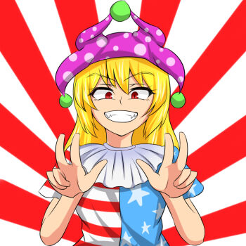 Rule 34 | 1girl, american flag, american flag dress, american flag print, blonde hair, clownpiece, commentary request, double v, dress, flag print, grin, hat, hidaruma, jester cap, long hair, missing wings, pink hat, polka dot headwear, red eyes, short sleeves, smile, solo, touhou, v