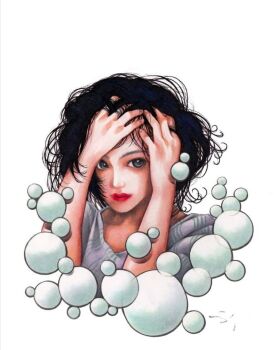 1girl arkin_akinnson arms_up black_hair bob_cut commentary cropped_shoulders english_commentary grey_eyes grey_shirt hands_in_own_hair highres looking_at_viewer original red_lips shirt short_hair simple_background solo traditional_media white_background