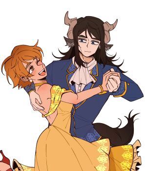 1boy 1girl abaddon_(haunted_hotel) animal_ears ascot beast_(disney) beast_(disney)_(cosplay) beauty_and_the_beast_(disney) belle_(disney) belle_(disney)_(cosplay) blue_coat blue_eyes brown_eyes brown_hair coat commentary_request cosplay cowboy_shot dancing dress esther_freeling gloves haunted_hotel high_heels highres holding_hands horns insidej043 kemonomimi_mode korean_commentary long_hair looking_at_another one_eye_closed orange_hair short_hair simple_background slit_pupils tail waltz_(dance) white_background yellow_dress