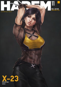 1girl absurdres artist_name black_hair character_name claw_(weapon) commentary copyright_name earrings english_commentary gloves highres jewelry laura_kinney long_hair marvel monori_rogue november single_earring solo weapon x-23 x-men