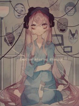 1girl blue_pants blue_shirt cable calendar_(object) closed_mouth commentary_request english_text engrish_text expressionless fox_mask full_body hannya hata_no_kokoro intravenous_drip long_hair looking_at_viewer mask monkey_mask new_mask_of_hope noh_mask one-hour_drawing_challenge oni_mask pants pink_eyes pink_hair ranguage seiza shinjitsu_no_kuchi shirt sitting solo touhou very_long_hair