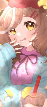 1girl 1other absurdres animal_ears aqua_cardigan aqua_sweater autumn_leaves blue_cardigan blush breasts brown_hair cardigan casual closed_mouth commentary_request cup disposable_cup hair_ornament hairclip hat highres holding holding_cup horse_ears horse_girl jacket kurumiya_(krmy_p) leaf long_sleeves looking_at_viewer matikanetannhauser_(casual)_(umamusume) matikanetannhauser_(umamusume) medium_breasts medium_hair multicolored_hair pink_shirt pink_sweater ribbon shirt smile solo_focus streaked_hair sweater tongue tongue_out umamusume yellow_eyes