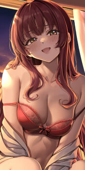 1girl blush bra breasts brown_eyes cleavage cloud cloudy_sky collarbone commentary_request curtained_hair dusk ebifurya floral_print hair_intakes half-closed_eyes helena_(kancolle) highres indoors kantai_collection large_breasts long_hair looking_at_viewer open_mouth red_bra shirt sky smile solo strap_slip underwear very_long_hair white_shirt window