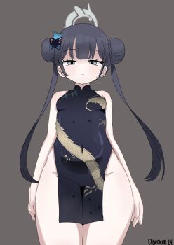 1girl artist_name bare_shoulders black_dress black_hair blue_archive braid braided_bun breasts butterfly_hair_ornament china_dress chinese_clothes covered_navel dimitri_becker double_bun dragon_print dress expressionless grey_background grey_eyes groin hair_bun hair_ornament halo impossible_clothes kisaki_(blue_archive) kyojiri_loli loli long_hair looking_at_viewer no_panties pelvic_curtain print_dress short_dress side_slit simple_background skin_tight sleeveless sleeveless_dress small_breasts solo thighs twintails wide_hips