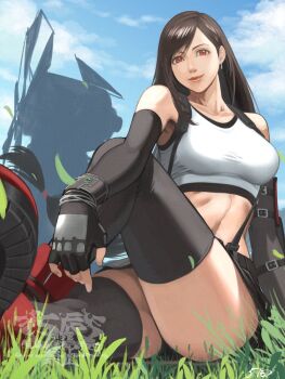1girl 5tatsu bare_shoulders bike_shorts bike_shorts_under_skirt black_gloves black_hair black_skirt black_thighhighs blue_sky boots bracelet breasts closed_mouth cloud cloudy_sky collarbone commentary_request crop_top earrings elbow_gloves falling_leaves final_fantasy final_fantasy_vii final_fantasy_vii_rebirth final_fantasy_vii_remake fingerless_gloves gloves grass hair_behind_ear highres jewelry knee_up large_breasts leaf lips long_hair looking_at_viewer materia midriff miniskirt outdoors pink_lips red_boots red_eyes single_earring single_sidelock sitting skirt sky solo suspender_skirt suspenders swept_bangs tank_top thighhighs thighs tifa_lockhart white_tank_top