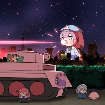 6+girls blush_stickers bow chibi chibi_only city closed_eyes dress giant giantess grey_hair hair_bow hat head_wings highres hong_meiling izayoi_sakuya kaiju koakuma laser lying maid_headdress military_vehicle motor_vehicle multiple_girls multiple_hair_bows night night_sky on_side open_mouth orange_hair outdoors patchouli_knowledge pink_hair purple_hair red_hair remilia_scarlet saigyouji_yuyuko skirt skirt_set sky tank touhou wings y75zei