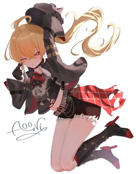 1girl absurdres aooni_09 arm_up baseball_bat black_boots black_gloves black_helmet black_jacket black_shirt black_shorts blonde_hair boots combat_helmet commentary_request crop_top crossed_bangs finger_heart floating_hair full_body fur-trimmed_shorts fur_trim gloves hair_between_eyes half_gloves helmet highres holding holding_unworn_helmet jacket long_hair looking_at_viewer luciana_de_montefio mask metal_baseball_bat midriff navel one_eye_closed open_clothes parted_lips pickelhaube red_eyes respirator shirt shorts side_ponytail signature simple_background solo sparkling_eyes torn_clothes torn_shirt unworn_headwear unworn_helmet white_background zenless_zone_zero