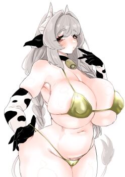 1girl animal_ears animal_print areola_slip bikini bikini_pull blush braid breasts choker cleavage clothes_pull cow_ears cow_girl cow_print cow_print_gloves cow_tail cowbell elbow_gloves female_pubic_hair finger_to_mouth gloves gold_bikini grey_hair hair_intakes highres horns huge_breasts lips long_hair mu_(muuu0o0) navel neck_bell original print_gloves pubic_hair pubic_hair_peek red_eyes skindentation solo standing swimsuit tail twin_braids white_background