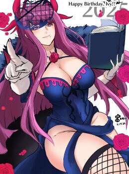 1girl absurdres bare_shoulders book breasts cleavage elbow_gloves fascinator fire_emblem fire_emblem_engage fishnet_thighhighs fishnets gloves highres holding holding_book ivy_(fire_emblem) kaen_(yoltablaze) large_breasts long_hair looking_at_viewer mole mole_under_mouth nintendo open_book pointing pointing_at_viewer purple_eyes purple_hair smile solo spiked thighhighs white_gloves