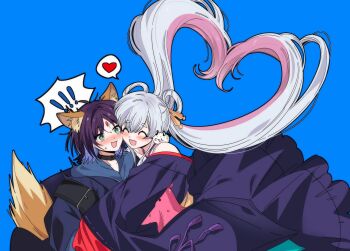 Rule 34 | !, !!, 2girls, animal ear fluff, animal ears, bare shoulders, black choker, blue background, blush, bm 012486, cho kaguya-hime!, choker, commentary request, floating hair, fox ears, fox tail, fushi (cho kaguya-hime!), green eyes, grey hair, hair floating upwards, hair ornament, hair rings, hair stick, heart, heart-shaped hair, highres, hug, japanese clothes, kimono, korean commentary, long hair, long sleeves, multicolored hair, multiple girls, nose blush, open mouth, purple kimono, runami yachiyo, sakayori iroha, short hair, smile, spoken exclamation mark, spoken heart, surprised, sweatdrop, tail, tail raised, twintails, wide sleeves, yuri
