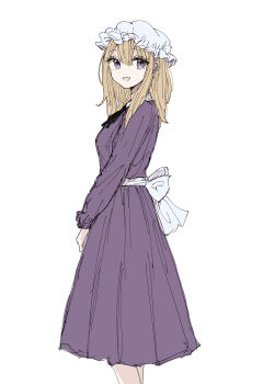 Rule 34 | 1girl, :d, back bow, black ribbon, blonde hair, bow, collared dress, contrast collar, dress, hat, highres, kashiwada kiiho, long sleeves, looking at viewer, maribel hearn, medium hair, mob cap, neck ribbon, open mouth, purple dress, purple eyes, ribbon, sash, simple background, smile, solo, standing, touhou, white background, white bow, white hat, white sash