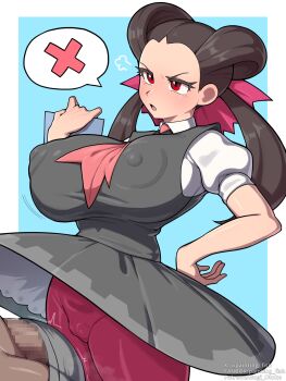 1girl alternate_breast_size_(larger) breasts brown_hair bulge cameltoe censored covered_erect_nipples erection erection_under_clothes gigantic_breasts nintendo nipples painting_fish penis pokemon pokemon_oras puffy_short_sleeves puffy_sleeves red_eyes roxanne_(pokemon) shirt short_sleeves tagme twintails upskirt white_shirt