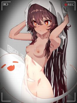 1girl adversarial_noise after_bathing breasts brown_eyes brown_hair censored cleft_of_venus drying drying_hair drying_own_hair genshin_impact ghost hu_tao_(genshin_impact) long_hair medium_breasts navel peeking pussy recording special_cat tower viewfinder voyeur_pov voyeurism