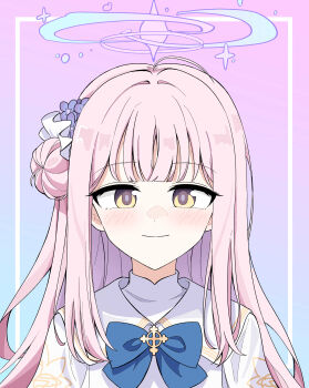 1girl absurdres blue_archive blue_bow blunt_bangs blush bow capelet closed_mouth commentary dress flower gradient_background hair_bun hair_flower hair_ornament halo highres long_hair looking_at_viewer mika_(blue_archive) pink_hair r_qr single_hair_bun smile solo upper_body white_capelet white_dress