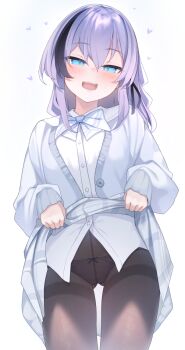 1girl black_hair black_pantyhose blue_eyes bow bow_panties bowtie braid breasts cardigan clothes_lift commentary_request cowboy_shot grey_bow grey_bowtie grey_cardigan grey_skirt heart highres kinukawa_chinatsu lifting_own_clothes long_hair long_sleeves looking_at_viewer miniskirt multicolored_hair open_mouth original otokuyou paid_reward_available panties panties_under_pantyhose pantyhose plaid_clothes plaid_skirt purple_hair shirt simple_background skirt skirt_lift small_breasts solo streaked_hair teeth thighband_pantyhose two-tone_hair underwear upper_teeth_only white_background white_shirt