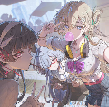 3girls absurdres bespectacled black_choker black_skirt blonde_hair blue_skirt breasts chisa_(wuthering_waves) choker cleavage collarbone colored_eyelashes comiket_107 commentary_request double_v earrings fingernails food food_in_mouth glasses grey_hair hair_between_eyes hair_ornament hair_over_one_eye hair_ribbon hairband hand_up highres hironii_(hironi3) jewelry large_breasts long_hair looking_at_viewer lynae_(wuthering_waves) midriff mole mole_under_eye mornye_(wuthering_waves) multiple_girls nail_polish navel necklace people pink_nails pocky pocky_in_mouth purple_eyes red-framed_eyewear red_eyes red_ribbon ribbon see-through_body selfie shirt shirt_tucked_in skirt skull_hair_ornament star_(symbol) star_earrings tied_shirt triangle_earrings v white_hairband white_shirt wuthering_waves