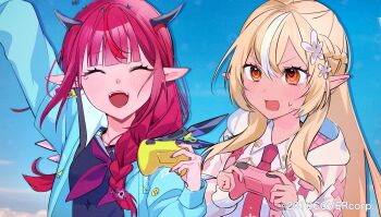 2girls :d adversarial_noise aqua_jacket arm_up asymmetrical_wings blonde_hair blue_background blue_shirt braid center-flap_bangs commentary_request controller copyright_notice crystal_wings detached_wings double-parted_bangs elf flower game_controller hair_between_eyes hair_flower hair_ornament hair_over_shoulder half_up_braid hand_up highres holding holding_controller holding_game_controller hololive hololive_english hood hooded_jacket horns irys_(gaming_casual)_(hololive) irys_(hololive) jacket long_hair low_twin_braids maronrice mismatched_wings multicolored_hair multiple_girls neckerchief necktie official_alternate_costume official_alternate_hairstyle official_art open_mouth orange_eyes pink_jacket pink_necktie pink_scarf pink_shirt pointy_ears red_hair red_neckerchief sailor_collar sailor_shirt scarf shiranui_flare shiranui_flare_(hoodie) shirt sidelocks simple_background smile split_screen streaked_hair teeth twin_braids upper_body upper_teeth_only virtual_youtuber white_hair wings wispy_bangs