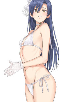 1girl blue_hair blush bra brown_eyes choker frilled_gloves frills gloves hair_ornament heart highres idolmaster idolmaster_(classic) idolmaster_1 kisaragi_chihaya lingerie long_hair own_hands_together panties ribbon simple_background sweat sweatdrop swimsuit tsurui underwear white_background white_bra white_panties