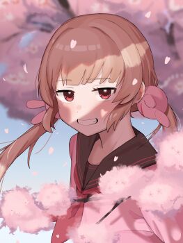 Rule 34 | 1girl, absurdres, black sailor collar, blonde hair, commentary, falling petals, grin, hair ornament, hashtag-only commentary, highres, looking at viewer, low twintails, natori sana, natori sana (school uniform), neckerchief, okaki8130, outdoors, petals, pink petals, pink shirt, rabbit hair ornament, red eyes, red neckerchief, sailor collar, sana channel, school uniform, serafuku, shirt, smile, solo, twintails, virtual youtuber