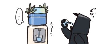 ... arknights commentary_request cup doctor_(arknights) drinking_glass holding holding_cup muelsyse_(arknights) simple_background sound_effects speech_bubble spoken_ellipsis tagme tubuan_(tubuan03) water_cooler white_background