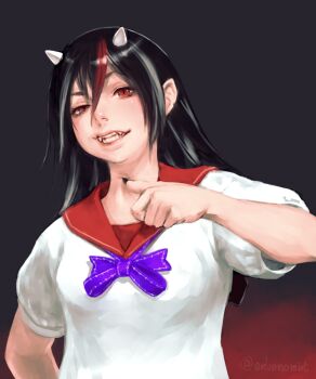 1girl artist_name black_hair black_nails bow bowtie commentary_request cone_horns envenomist_(gengoroumaru) eyelashes fangs fingernails gradient_background hair_between_eyes half-closed_eye horns kijin_seija medium_hair multicolored_hair one-hour_drawing_challenge parted_lips purple_bow purple_bowtie raised_eyebrow red_eyes red_hair sharp_fingernails shirt short_sleeves slit_pupils small_horns solo streaked_hair touhou twitter_username white_hair white_horns white_shirt