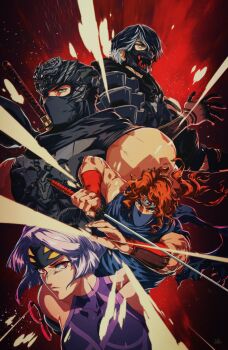 1girl 3boys arm_guards david_liu forehead_protector headband highres holding holding_sword holding_weapon in-franchise_crossover katana kenji_(ninja_gaiden) kumori_(ninja_gaiden) looking_at_viewer mask mouth_mask multiple_boys muscular muscular_male ninja ninja_gaiden ninja_gaiden_4 ninja_gaiden_ragebound official_art purple_hair ryu_hayabusa sword weapon yakumo_(ninja_gaiden)