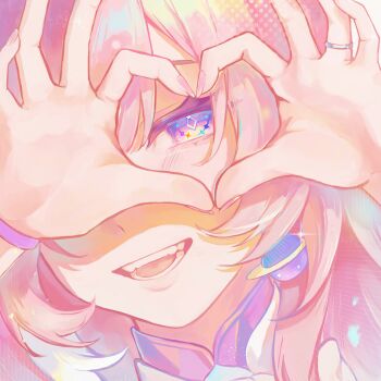 1girl absurdres cyrene_(honkai:_star_rail) cyrene_(ripples_of_past_reverie)_(honkai:_star_rail) diamond-shaped_pupils diamond_(shape) earrings four-finger_heart_hands hashtag-only_commentary heart heart_hands highres honkai:_star_rail honkai_(series) jewelry long_hair looking_at_viewer multicolored_hair pink_hair portrait purple_eyes rii1111r smile solo symbol-shaped_pupils two-tone_hair white_hair